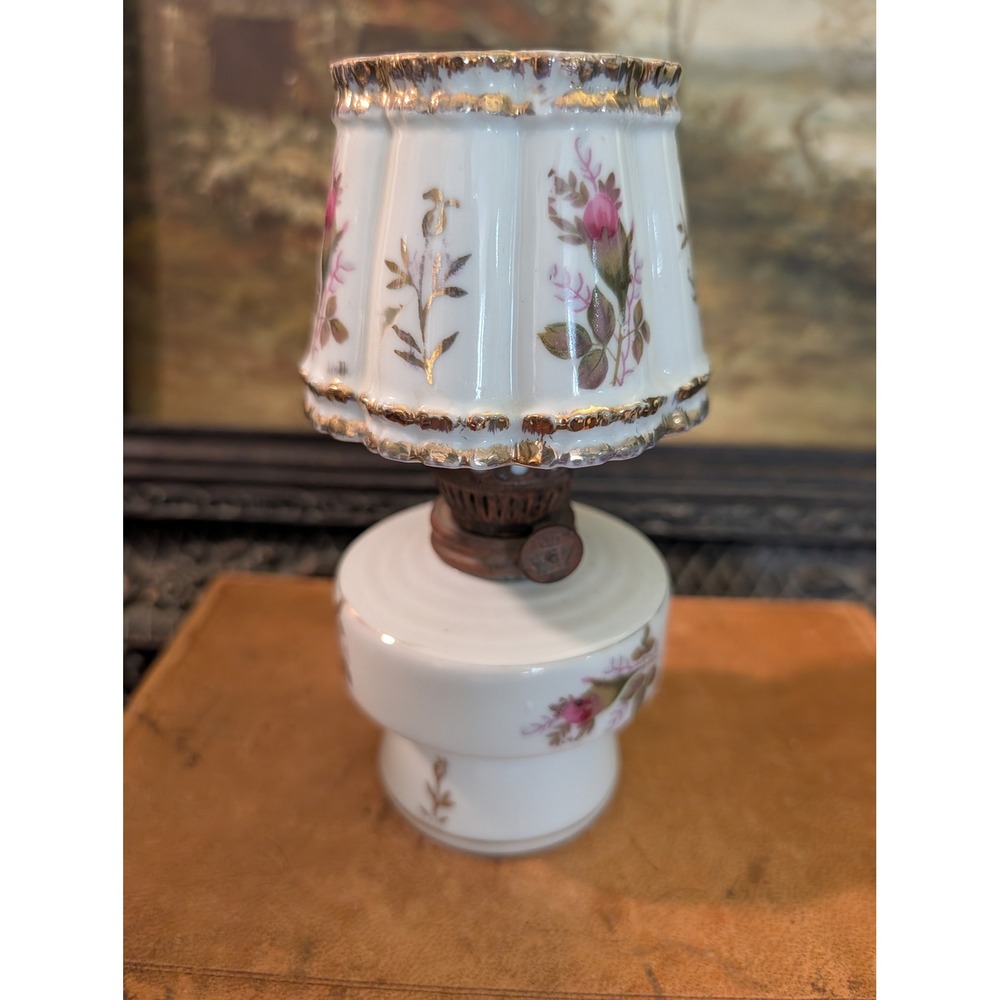Vintage Japan Miniature Porcelain Oil Lamp Pink Roses Gold Gilt 7 Inch